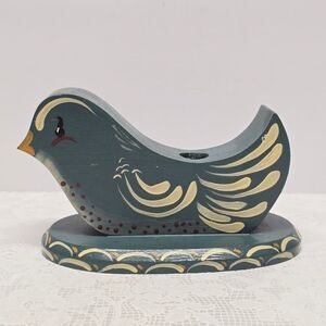 Vintage Sweden Signed Wooden Hand Painted Bird Shaped Blue Candle Holder 60s MCM